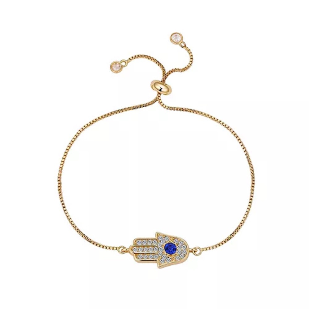 Adjustable Gold Hamsa Bracelet with Blue Gem
